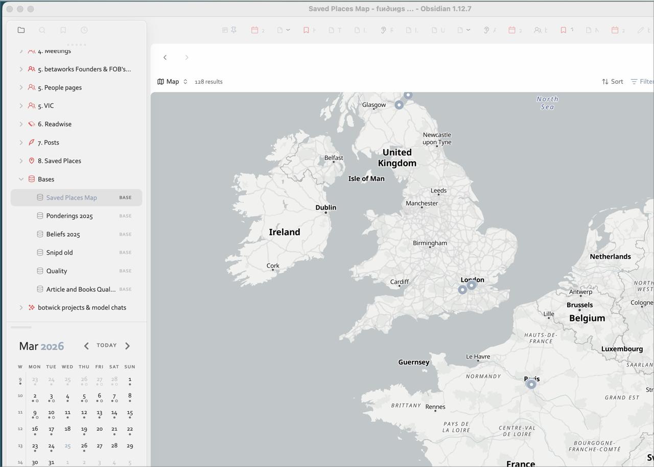 128 saved places rendered on a map in Obsidian Bases